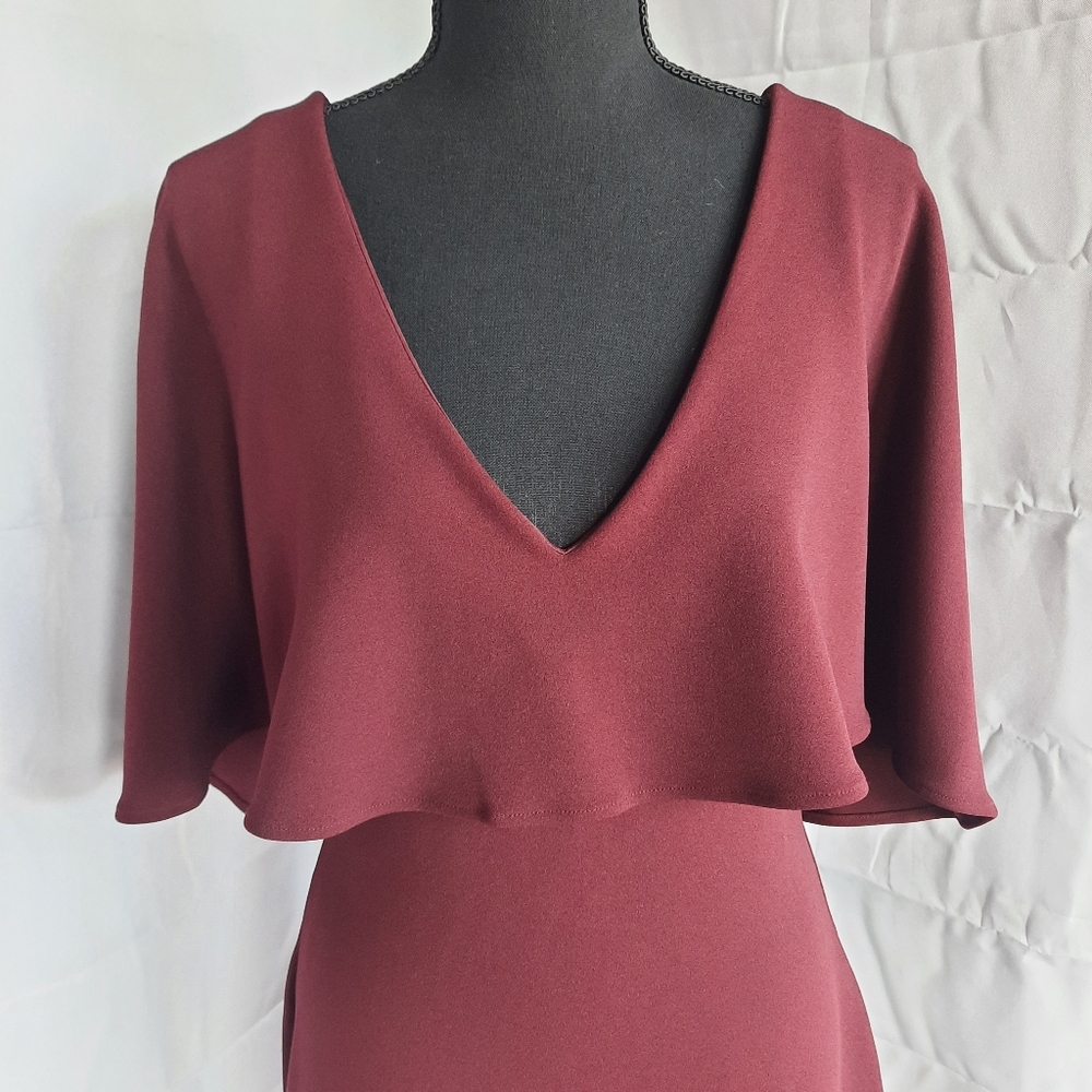Belle Badgley Mischka Dress Size 4 Deep V Neck Burgundy Red Wine Cape Mini - Picture 3 of 16
